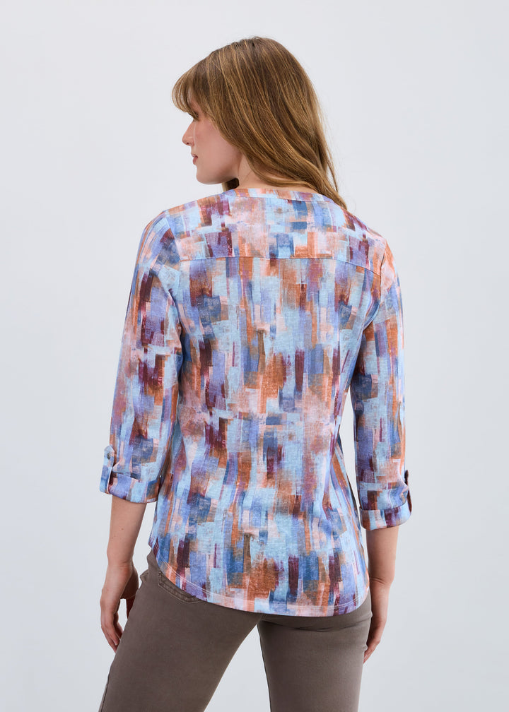 3/4 SLEEVE HENLEY PRINTED TOP - ROOKERY LT BLUE