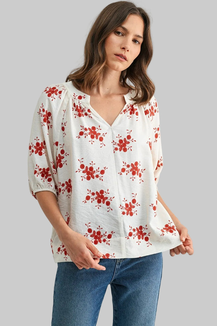 PUFF SLEEVE V-NECK FLORAL TOP - IVORY/RED