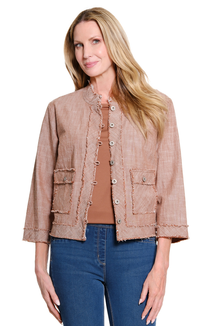 3/4 SLEEVE BUTTON FRONT WOVEN JACKET - COCOA