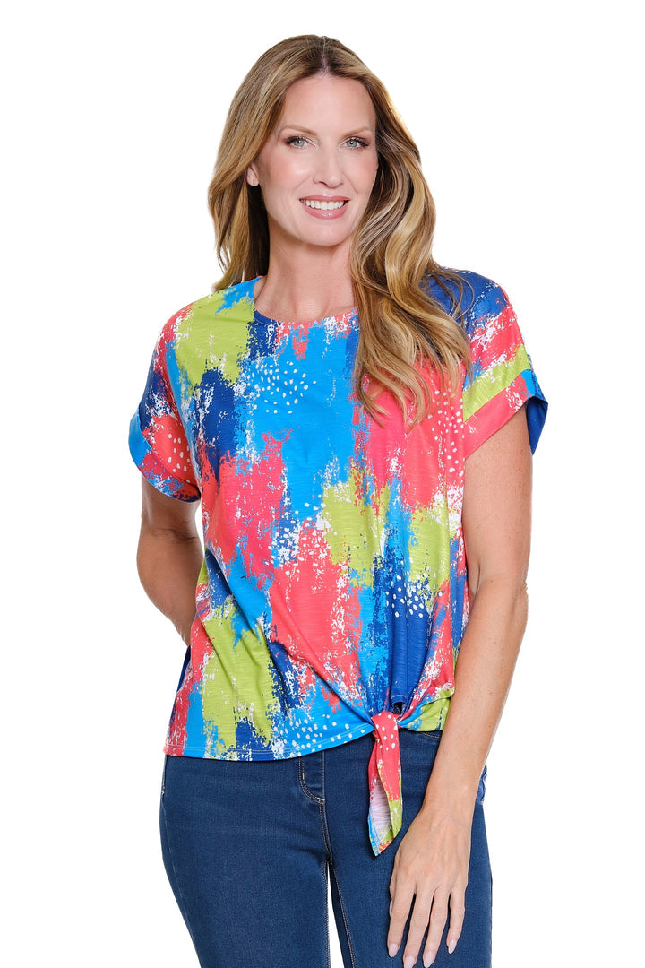 CUFFED S/S DOLMAN SCOOP NECK TIE WAIST TOP - ABSTRACT CORAL/LIME/BLUE