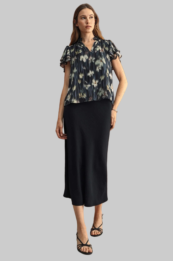 RUFFLE SLEEVE FLOWER PRINT CHIFFON BLOUSE - NAVY