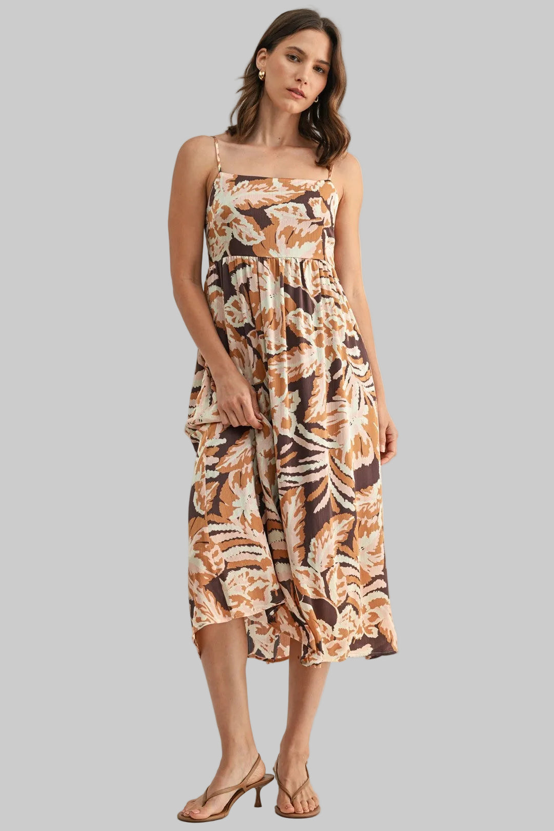 SPAGHETTI STRAP LEAF PRINT SMOCK BACK MIDI DRESS - BROWN COMBO