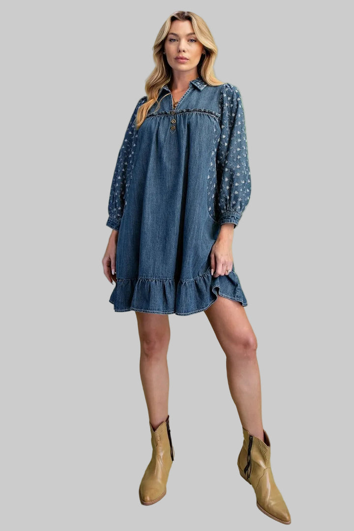 3/4 SLEEVE EMBROIDERED DENIM MIX RUFFLE HEM SHORT DRESS - WASHED DENIM