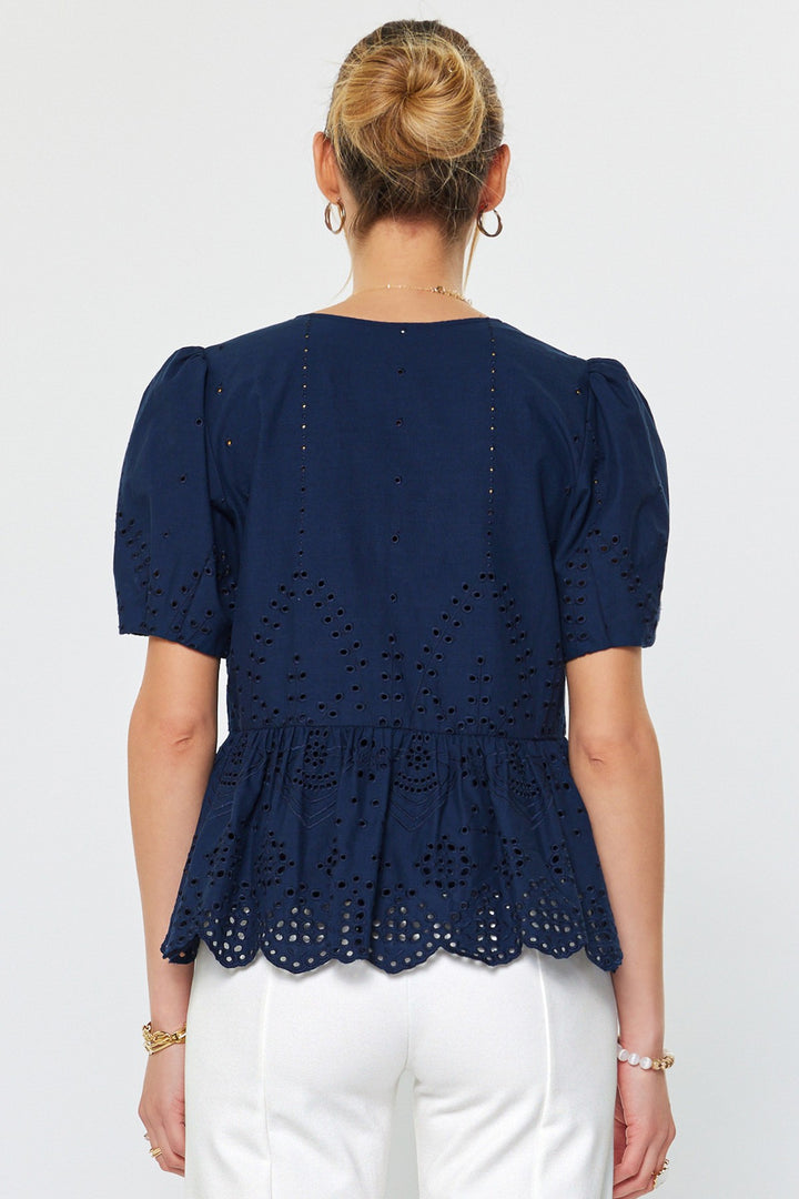 PUFF SHORT SLEEVE TIE FRONT EYELET EMBROIDERED BLOUSE - NAVY