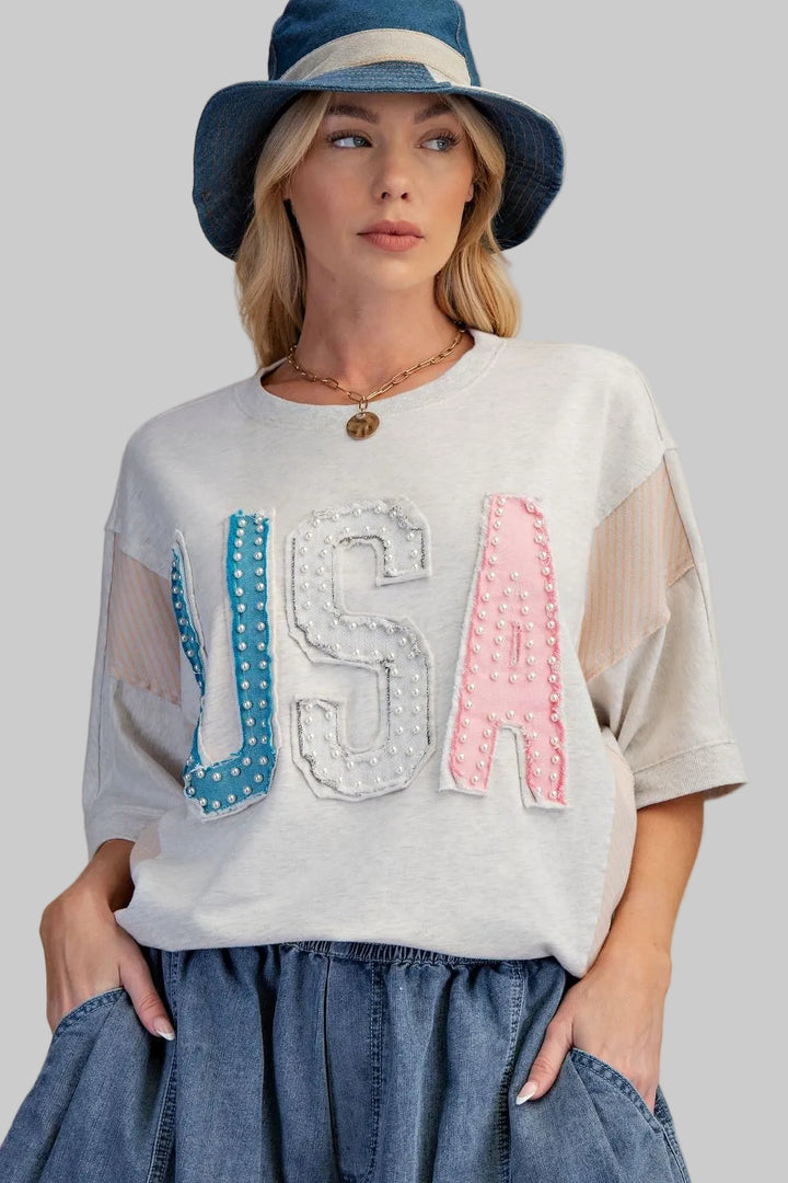 SHORT SLEEVE USA PATCH WASHED TERRY TOP - HEATHER GREY
