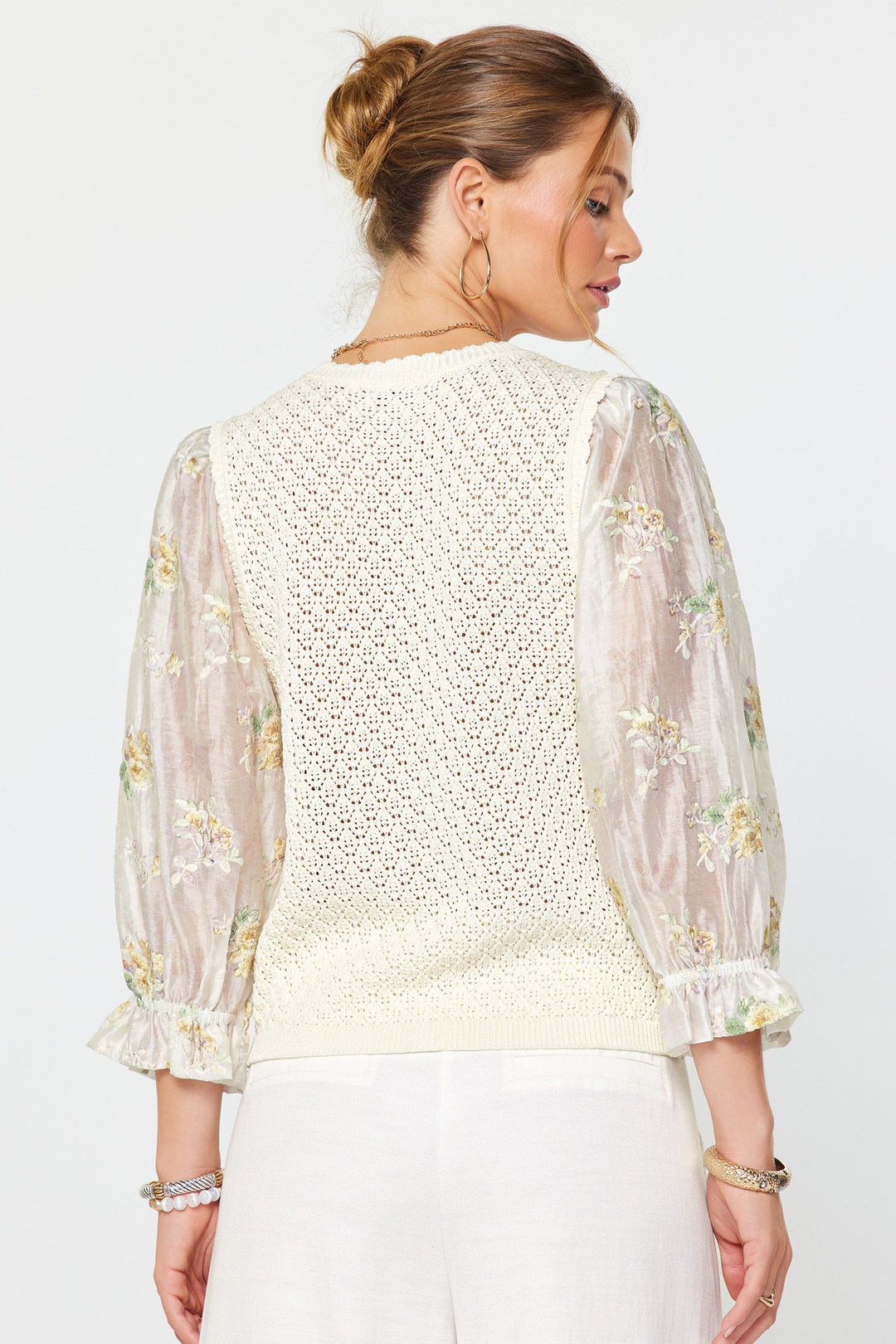 3/4 SLEEVE SCALLOP EDGE OPEN SWEATER - IVORY