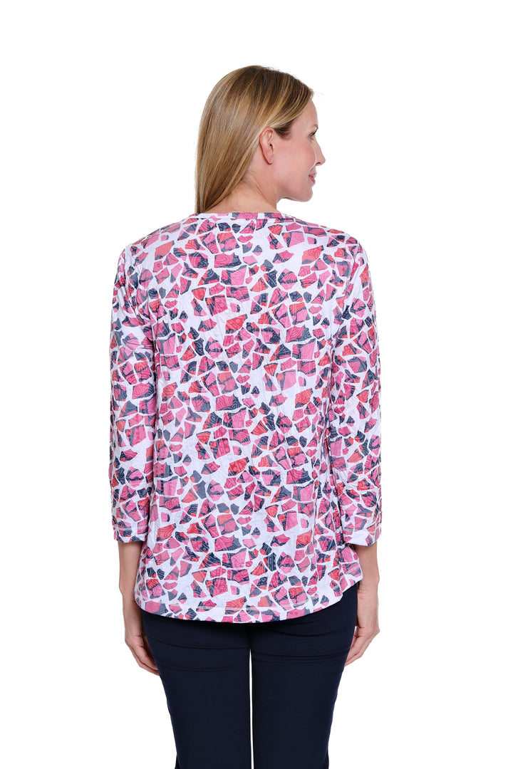 3/4 SLEEVE SCOOP NECK CURVED HEM TOP - PINK/NAVY/RED