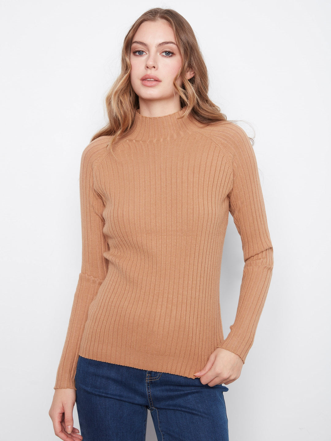LONG SLEEVE BASIC RIBBED KNIT MOCK NECK SWEATER - TRUFFLE