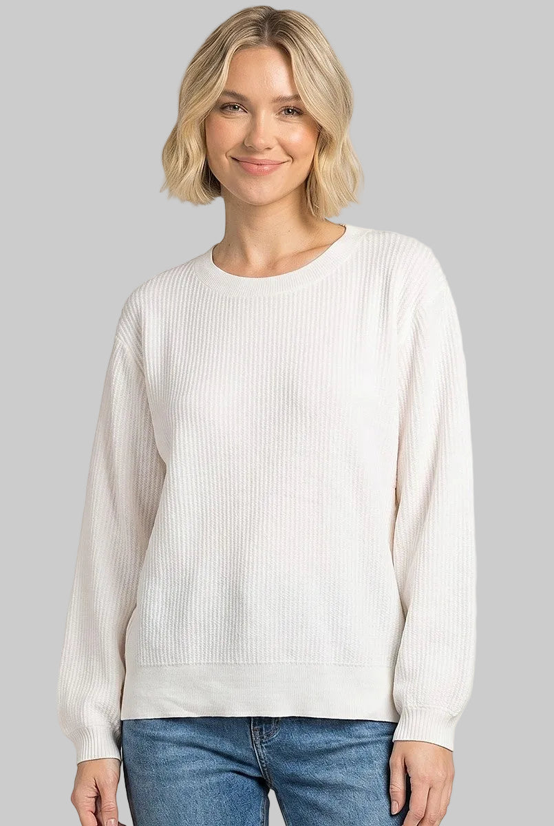 BALLOON SLEEVE TEXTURED CREW NECK TOP - IVORY