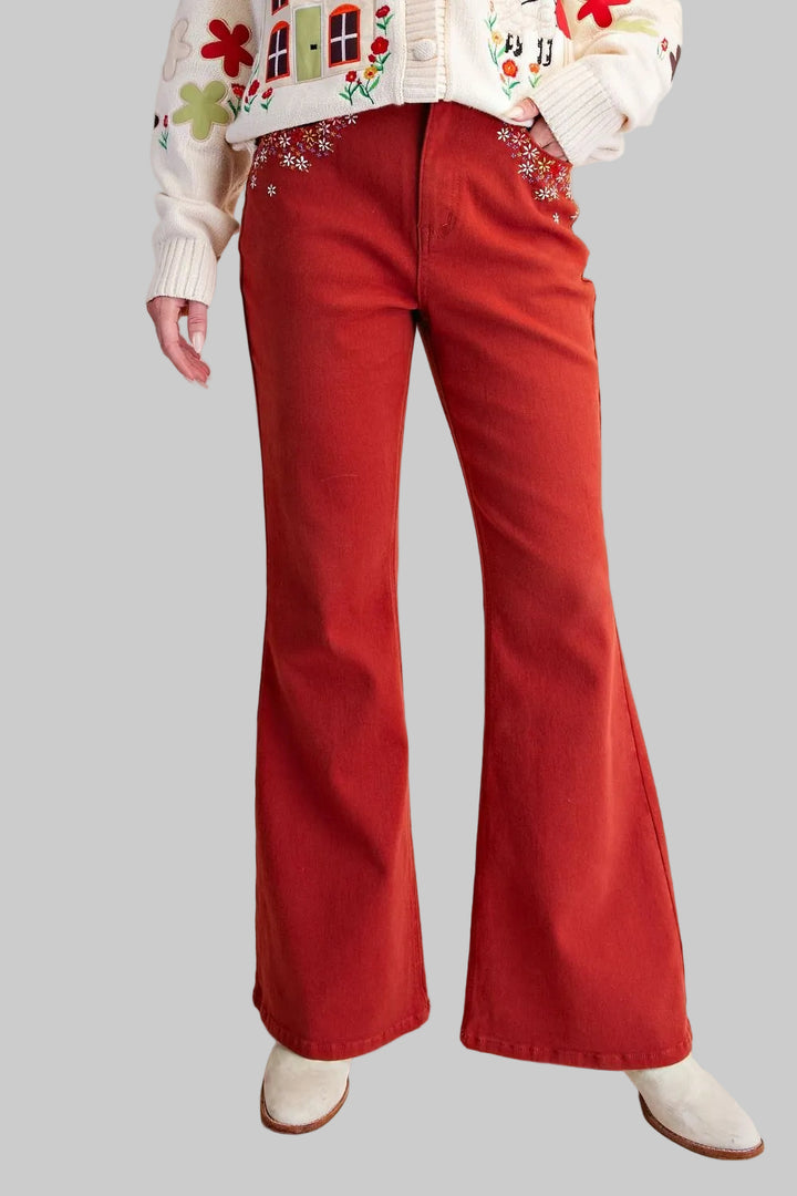 HR WASHED STRETCH TWILL BELL BOTTOM PANTS - RUST