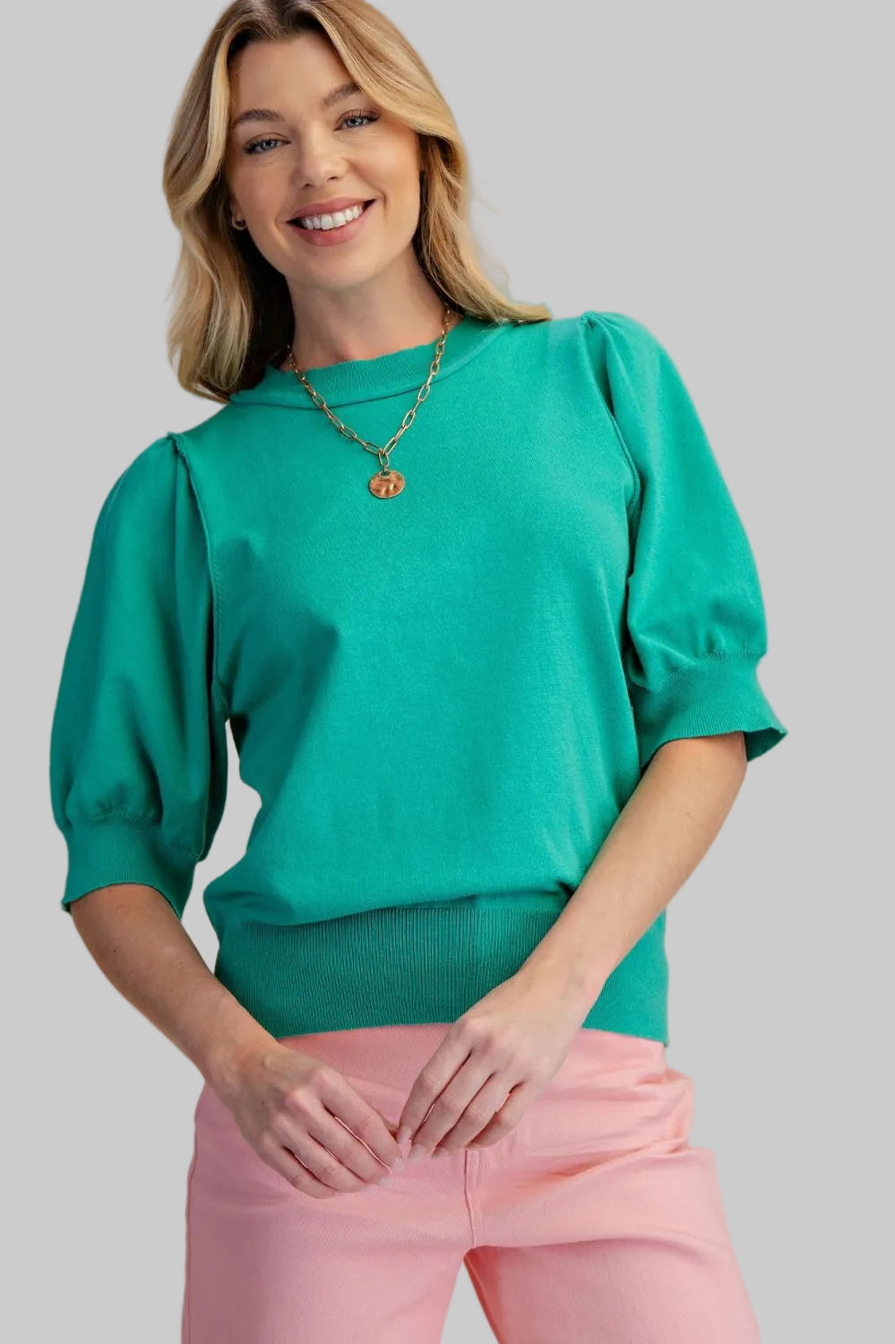 SHORT PUFF SLEEVE KNITTED SWEATER - JUNGLE GREEN