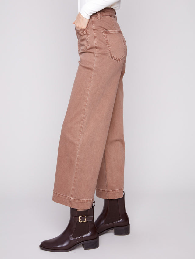 CROPPED PATCH POCKET FLARE TWILL PANTS - TRUFFLE