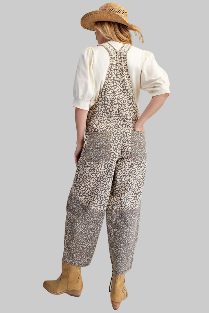 LEOPARD PRINT WASHED TWILL CROPPED OVERALLS - GREY