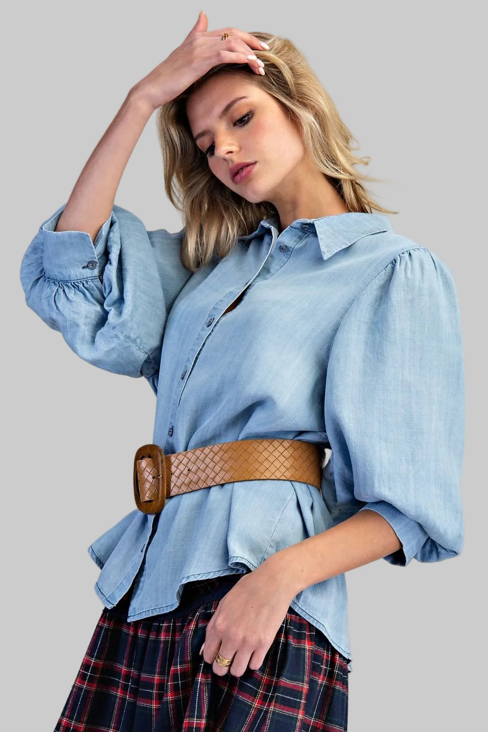 3/4 SLEEVE WASHED DENIM SHIRT - LIGHT DENIM