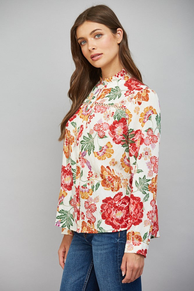 RUFFLE COLLAR BUTTON DOWN BLOUSE - BEIGE MULTI