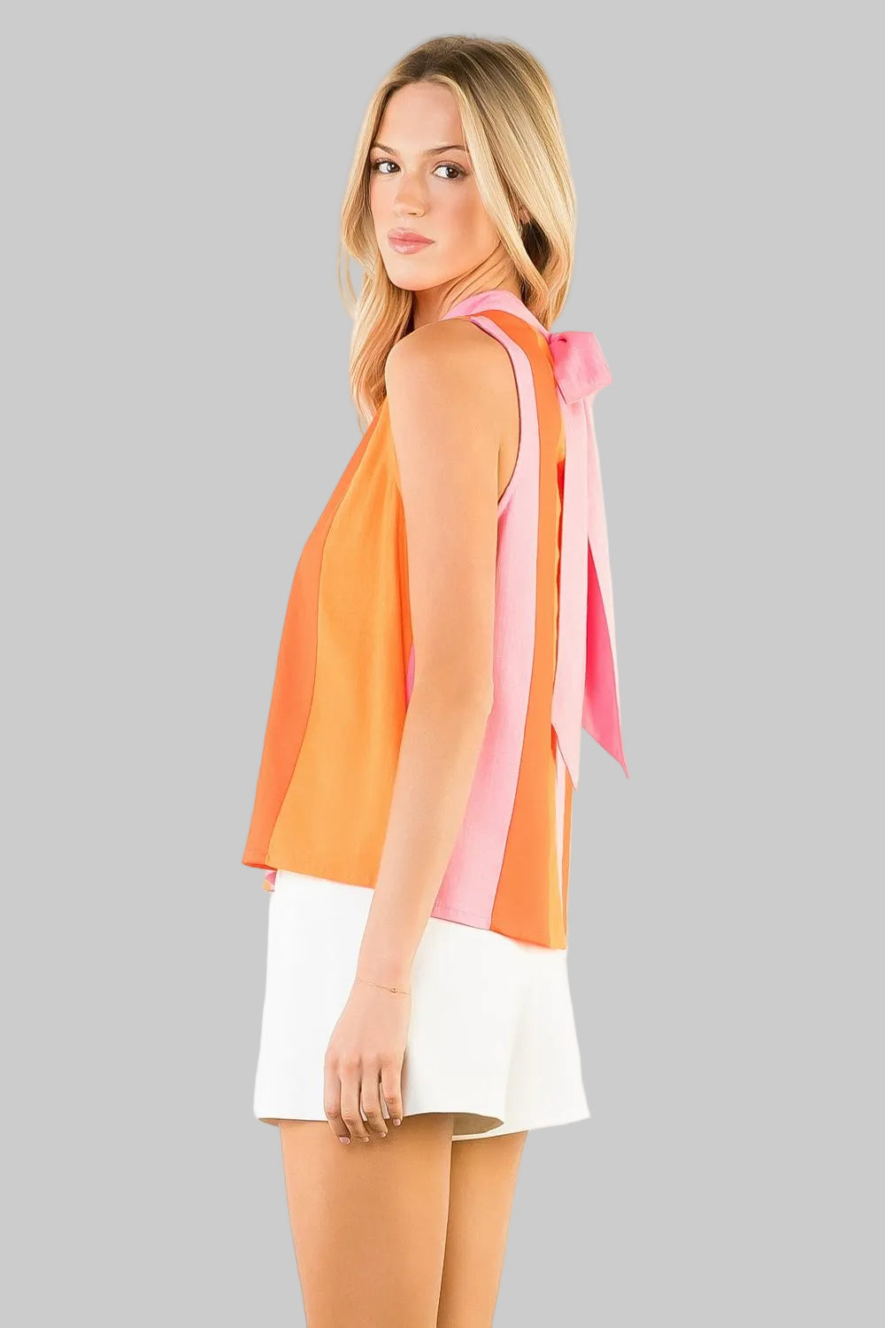 SLEEVELESS STRIPE TIED BACK TOP - PINK/ORANGE