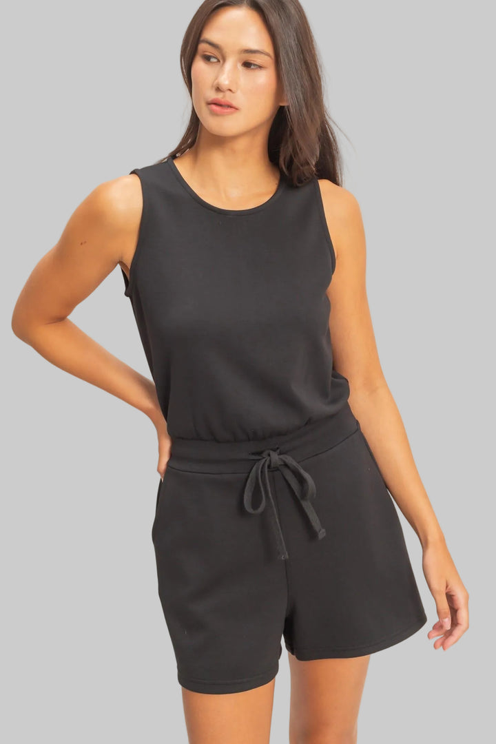SLEEVELESS DRAWSTRING WAIST ROMPER - BLACK