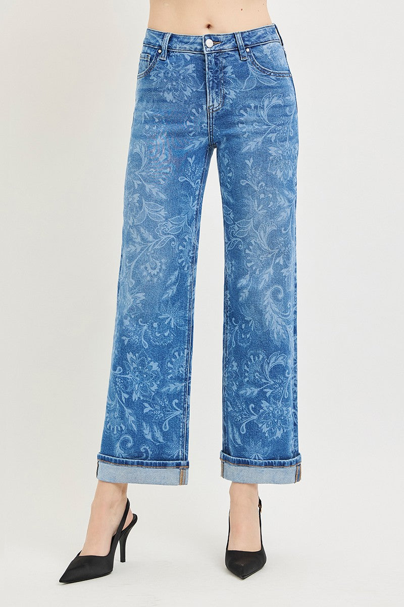 RISEN MR ANKLE STRAIGHT LEG PRINTED JEANS - MEDIUM - 28"/30" INSEAM