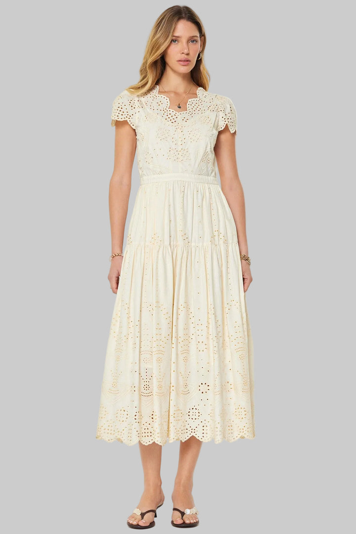 SCALLOPED CAP SLEEVE EYELET EMBROIDERED MAXI DRESS - IVORY