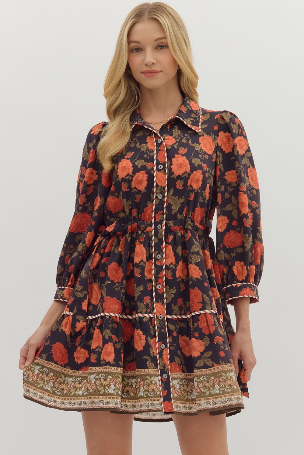 FLORAL MINI DRESS WITH COLLAR - BLACK/ORANGE