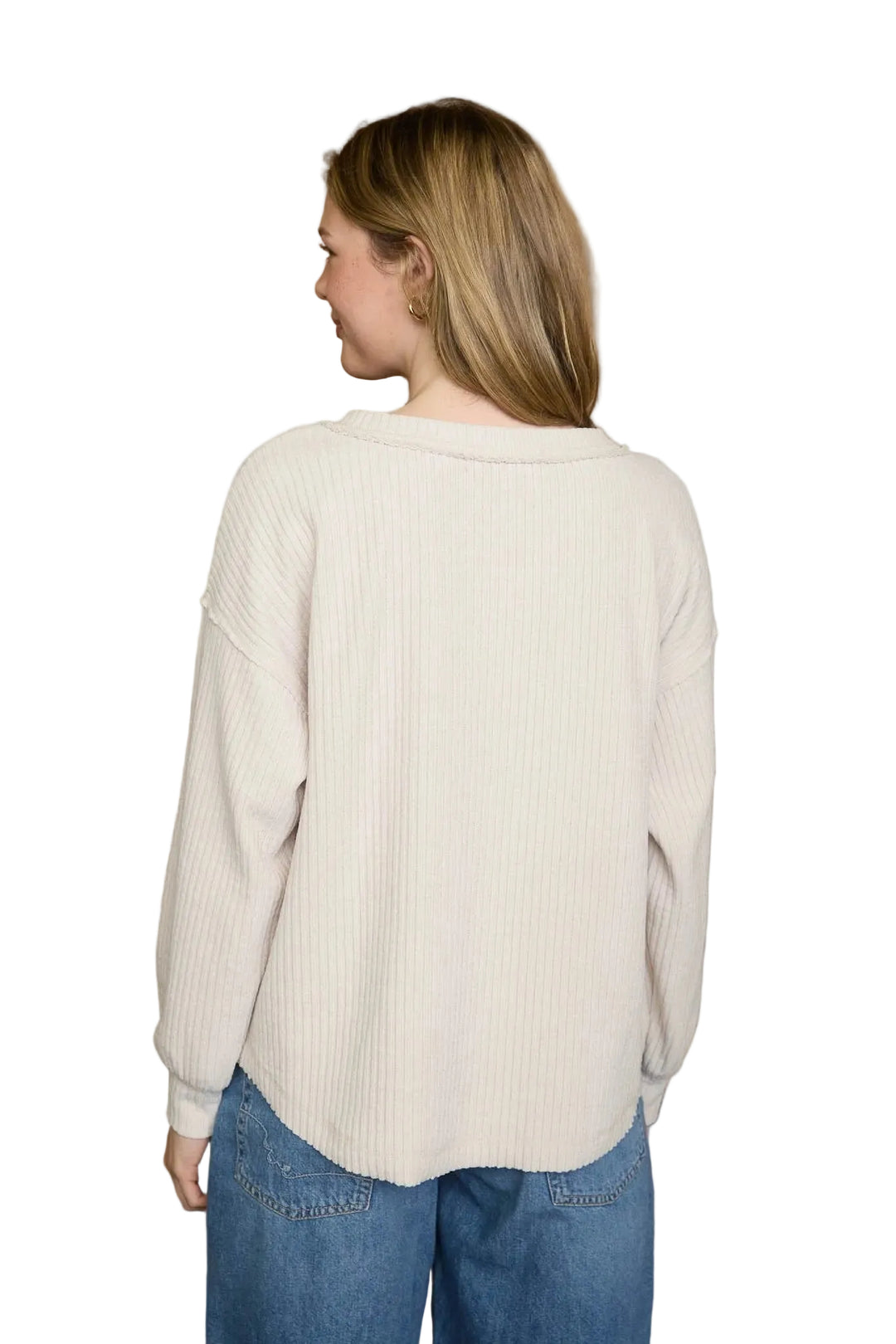 RIBBED HENLEY LONG SLEEVE EXPOSED SEAM KNIT TOP - OATMEAL