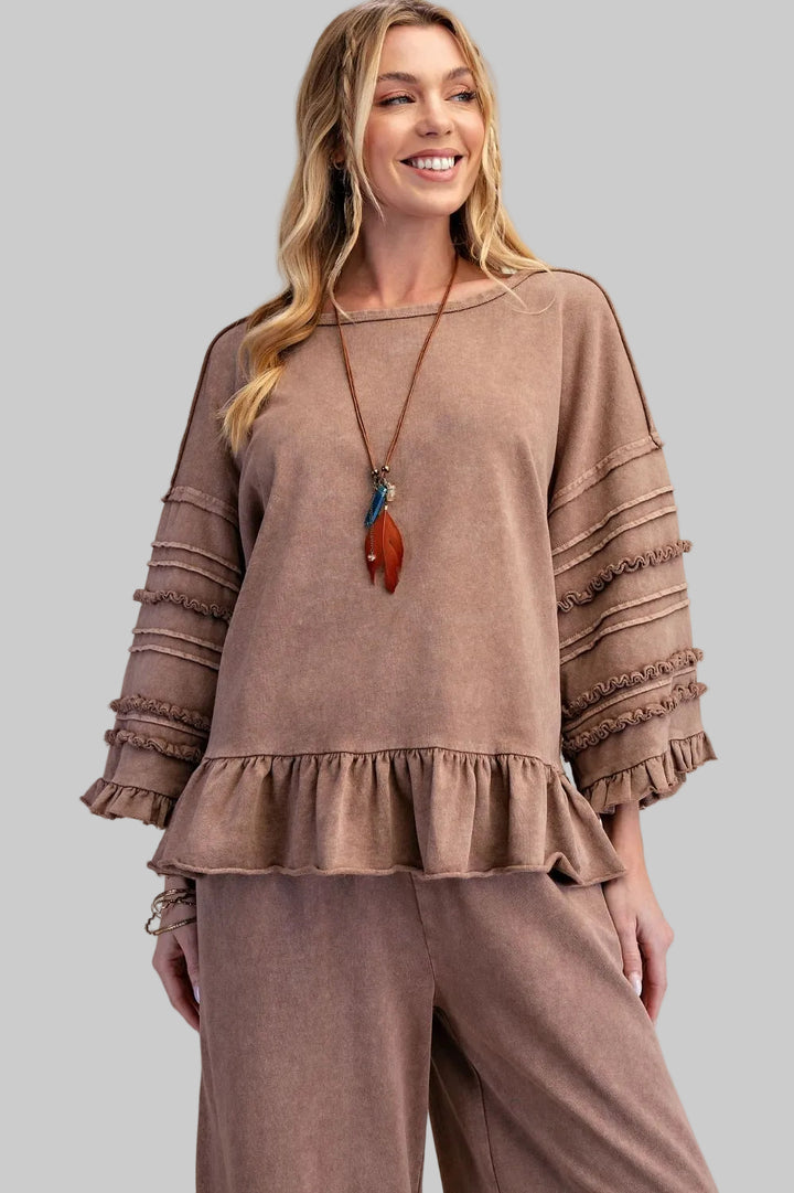 HALF SLEEVE MINERAL WASHED RUFFLE HEM TUNIC - MOCHA