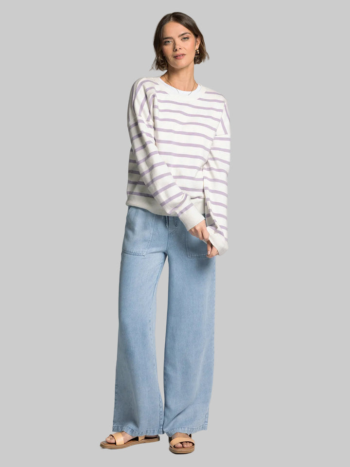 ROUND NECK STRIPED PRESTON SWEATER - IVORY LAVENDER