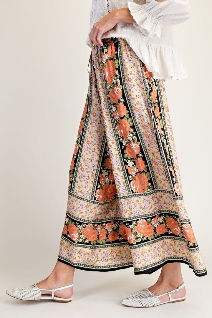 BORDER PRINT FLOWY WIDE LEG PANTS - BLACK