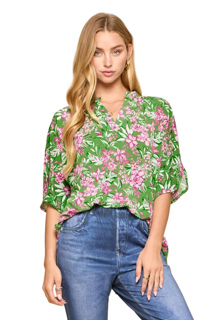 DEAR SCARLETT STRETCHY LIZZY BREEZE BLOUSE - GREEN/PINK FLORAL