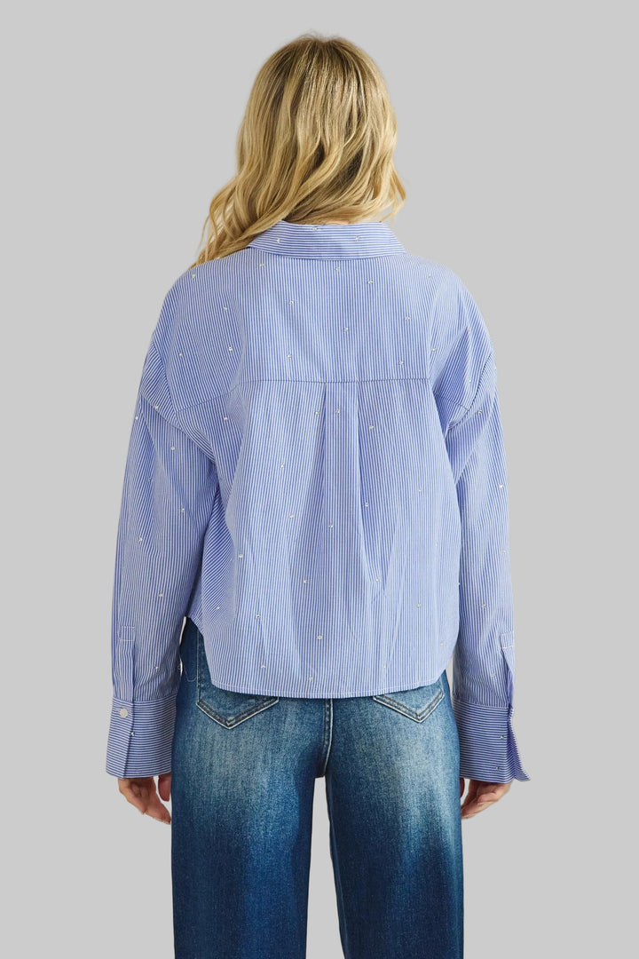 STRIPED W/RHINESTONE STATEMENT TOP - INDIGO BLUE