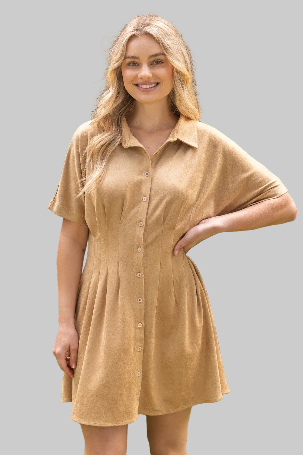 DOLMAN SLEEVE PLEATED WAIST SHIRT DRESS - TAUPE