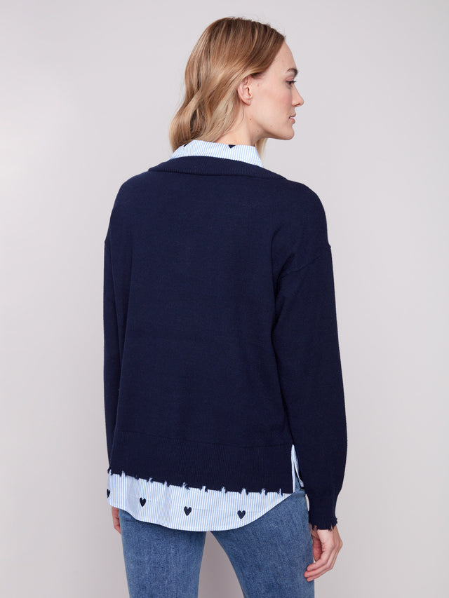 V-NECK FOOLER SWEATER W/POPLIN SHIRT COLLAR - NAVY