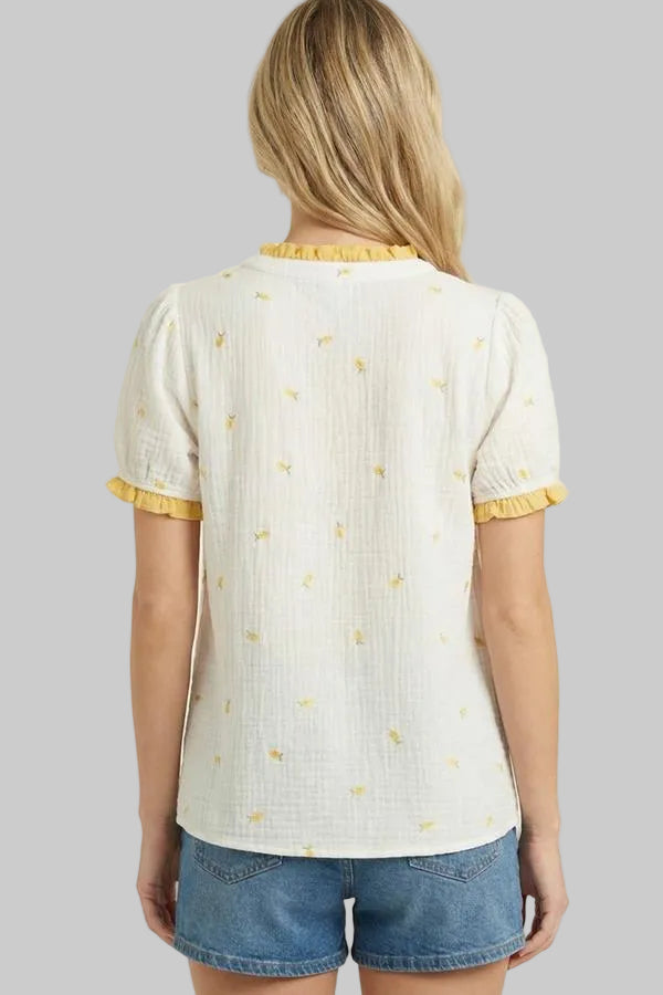 CONTRAST RUFFLE NECK HALF SLEEVE TOP - YELLOW