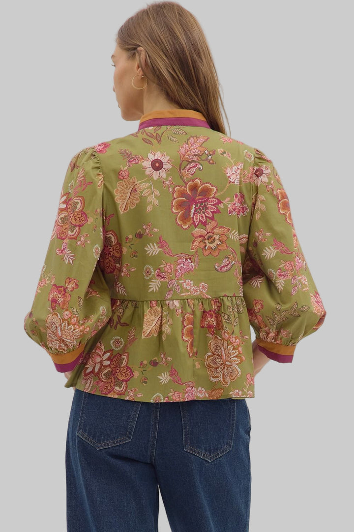 3/4 SLEEVE BOTANICAL PRINT PEPLUM TOP - OLIVE