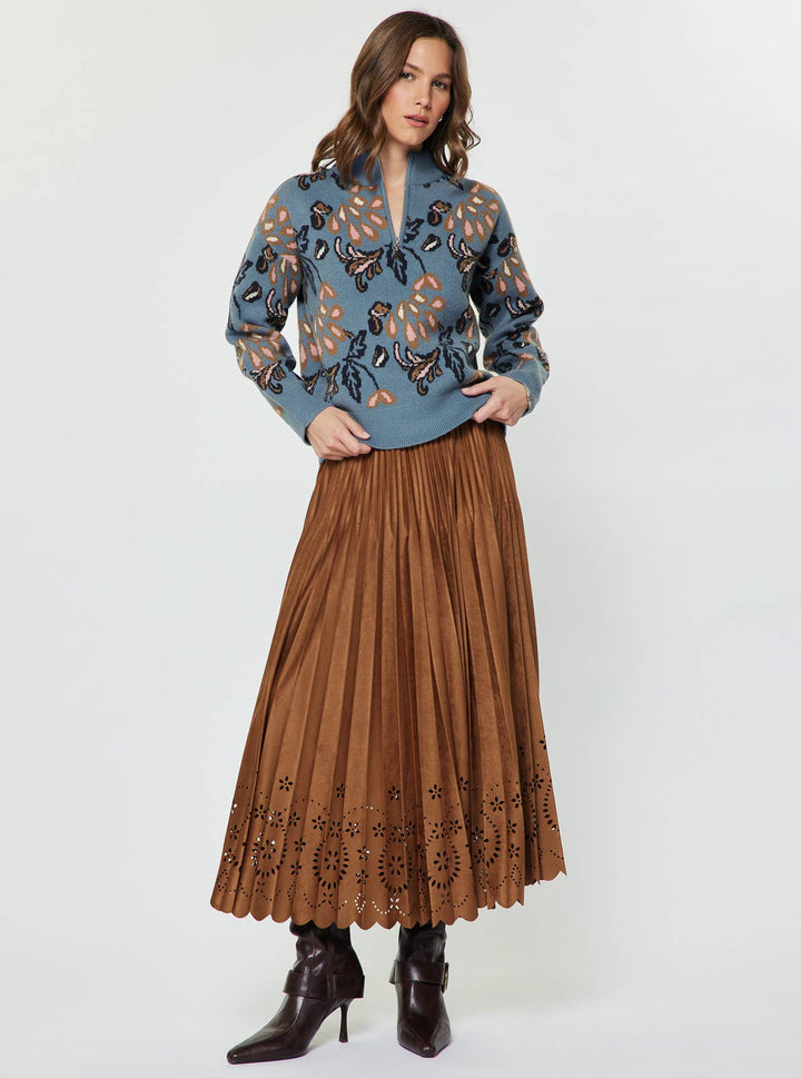 L/S PATTERN JACQUARD HALF ZIP SWEATER - DUSTY BLUE