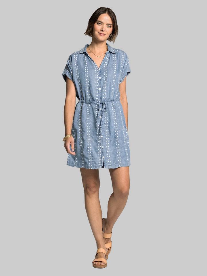 SHORT SLEEVE DENIM NATALIA DRESS - DAISY STRIPE EMBROIDERY