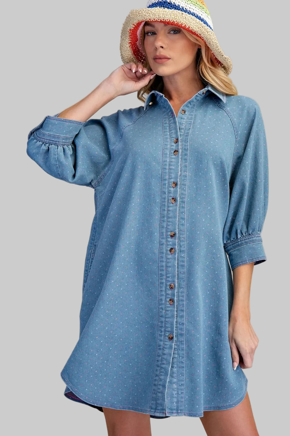 3/4 SLEEVE DENIM SHIRT SHORT DRESS - WASHED DENIM SMALL 3/4 SLEEVE DENIM SHIRT SHORT DRESS - WASHED DENIM SMALL
