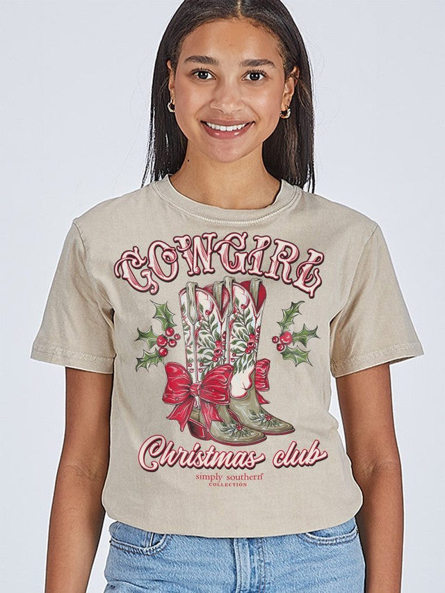 SIMPLY SOUTHERN SHORT SLEEVE 'COWGIRL CHRISTMAS CLUB' TEE - WASHED ECRU