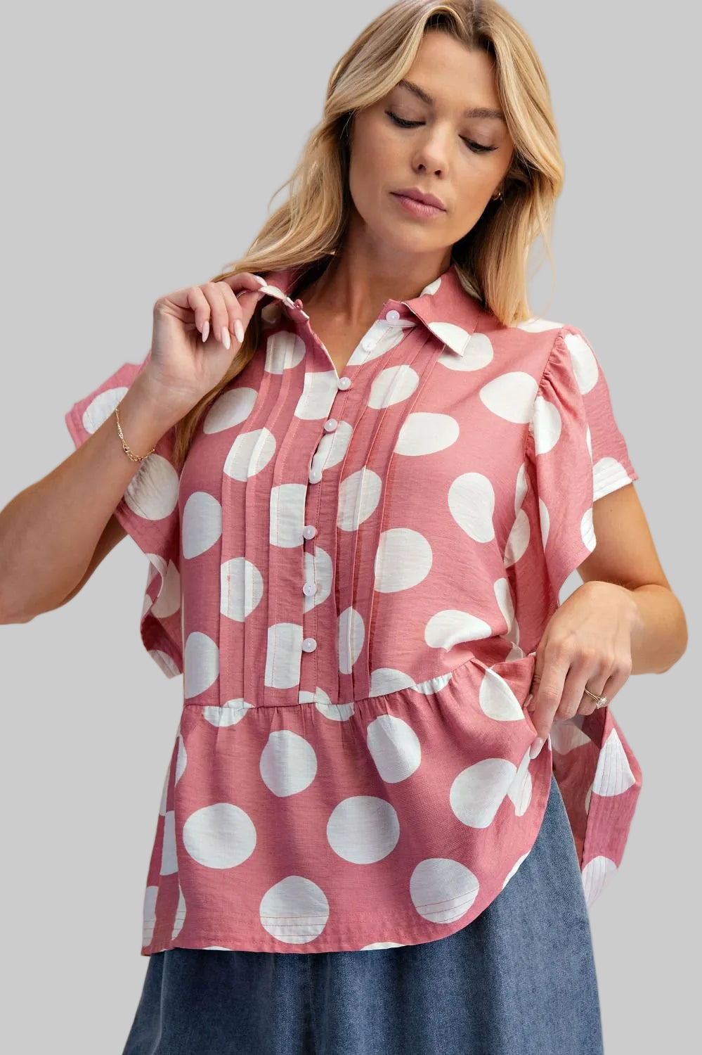 RUFFLE SLEEVE BIG DOT BABY DOLL TOP - DUSTY ROSE