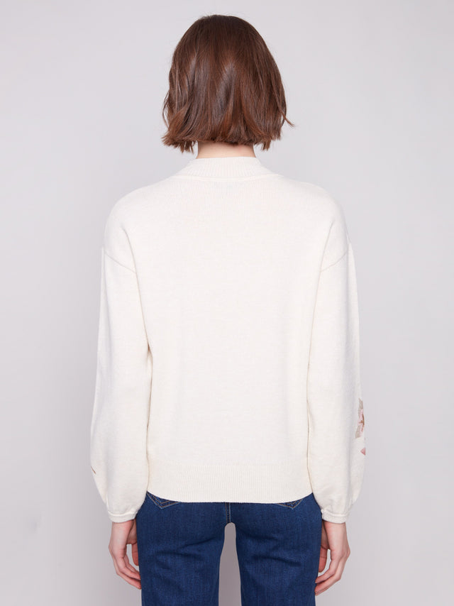 MOCK NECK SWEATER WITH PLACED PRINT - NATURAL