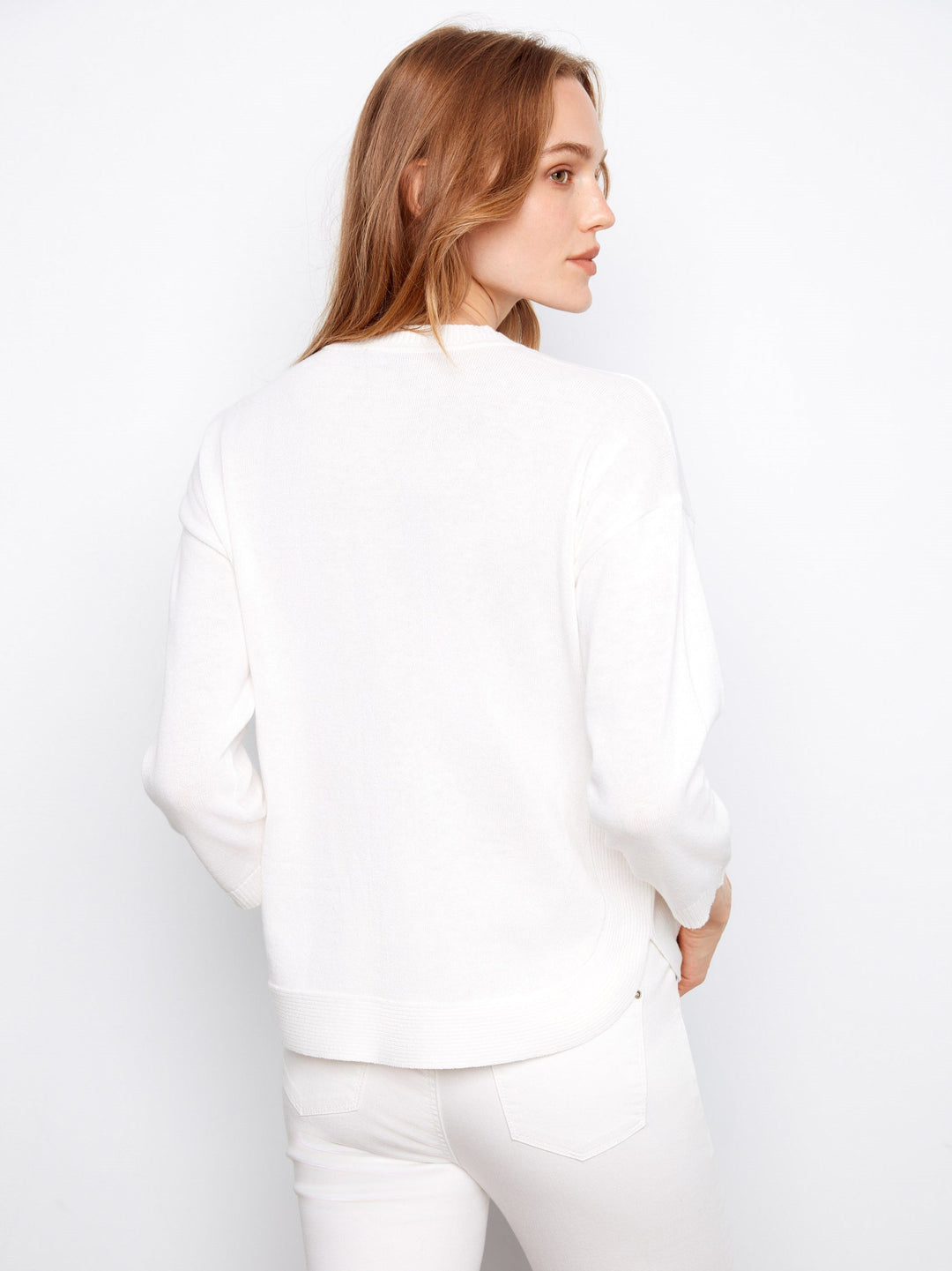 3/4 SLEEVE SWEATER W/CURVED HEM - WHITE