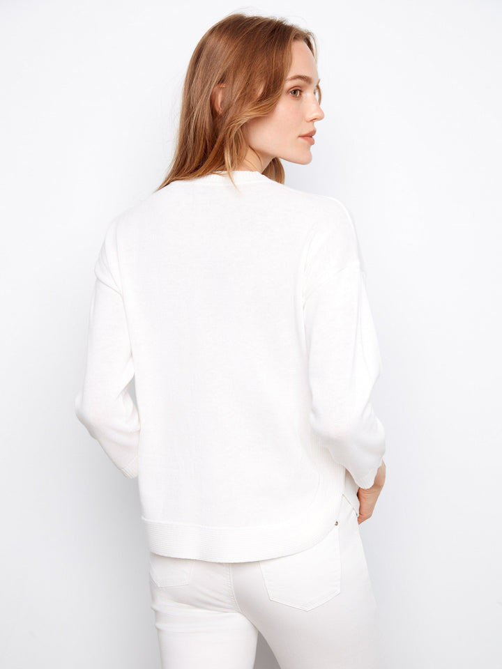 3/4 SLEEVE SWEATER W/CURVED HEM - WHITE