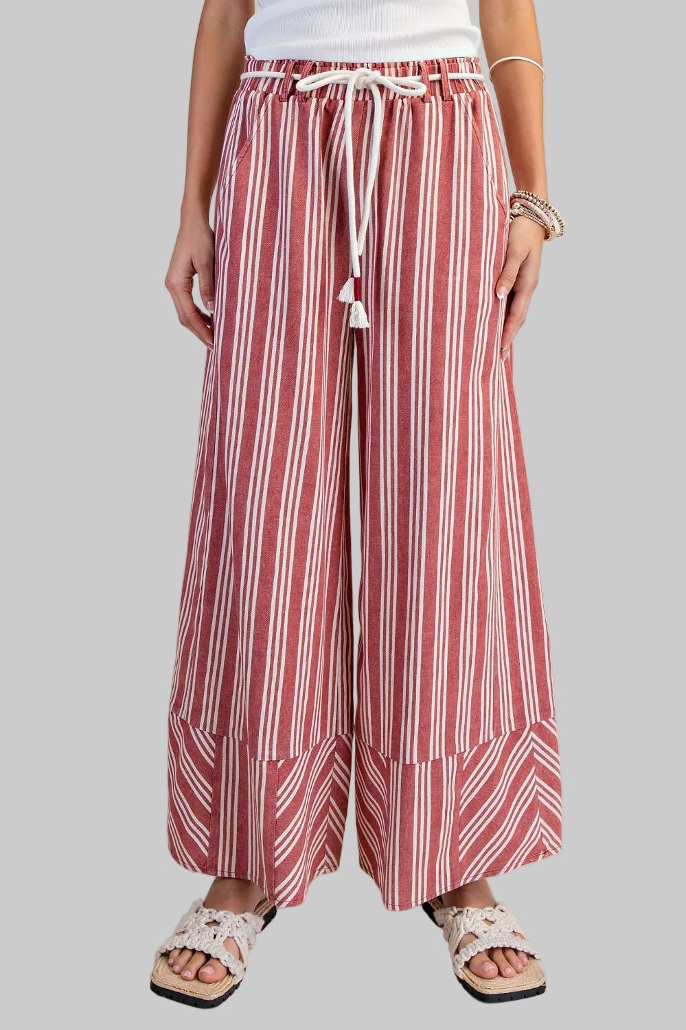 STRIPE RAYON LINEN WASHED PALAZZO PANTS - RED