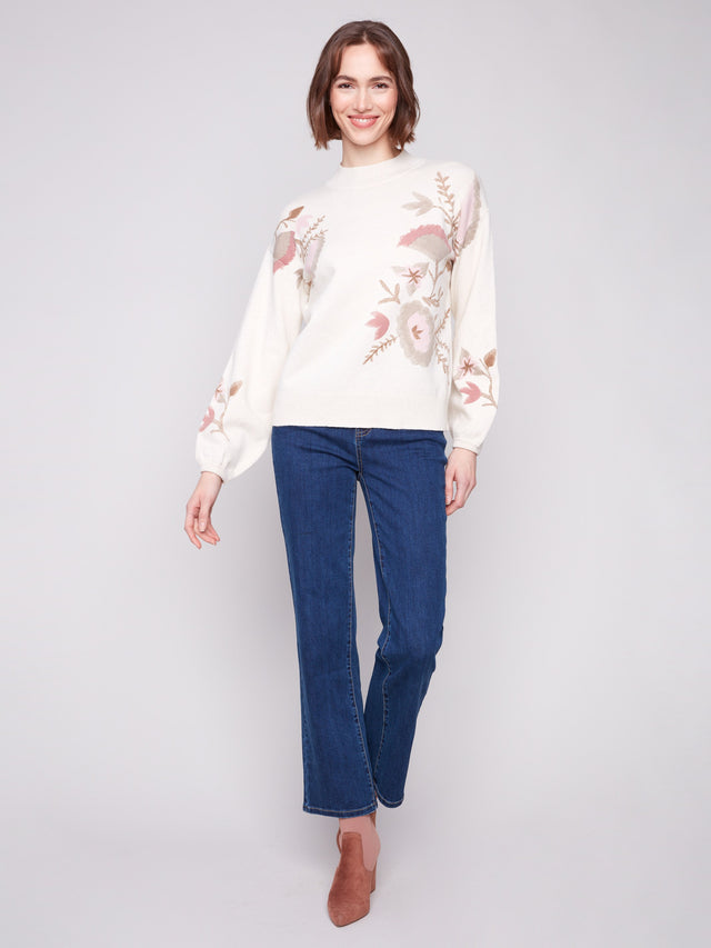 MOCK NECK SWEATER WITH PLACED PRINT - NATURAL