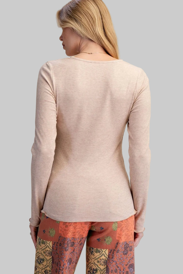 LONG SLEEVE BABY RIB KNIT LACE INSET TOP - LATTE