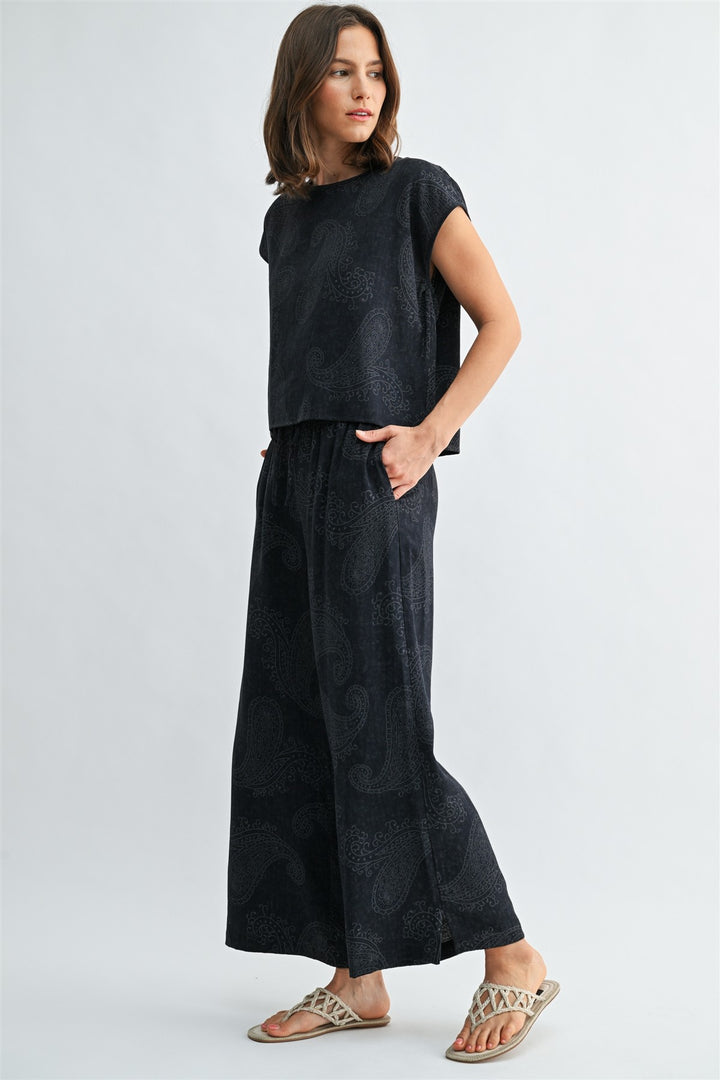 ELASTIC WAIST PAISLEY WIDE LEG PANTS - NAVY