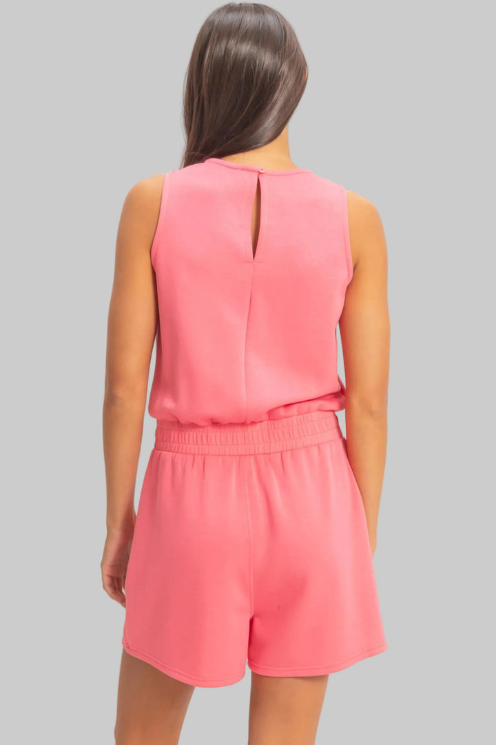 SLEEVELESS DRAWSTRING WAIST ROMPER - TAFFY PINK