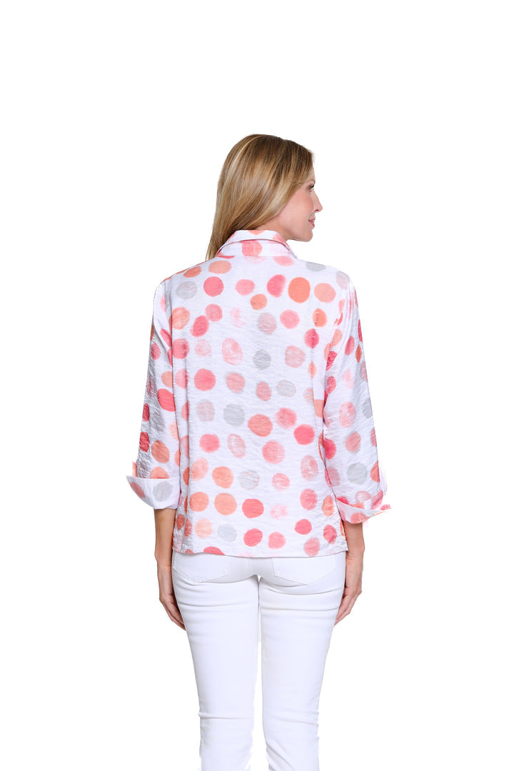 TURN-UP CUFF 3/4 SLEEVE BUTTON FRONT SHIRT - DOTS WHITE/CORAL PINK