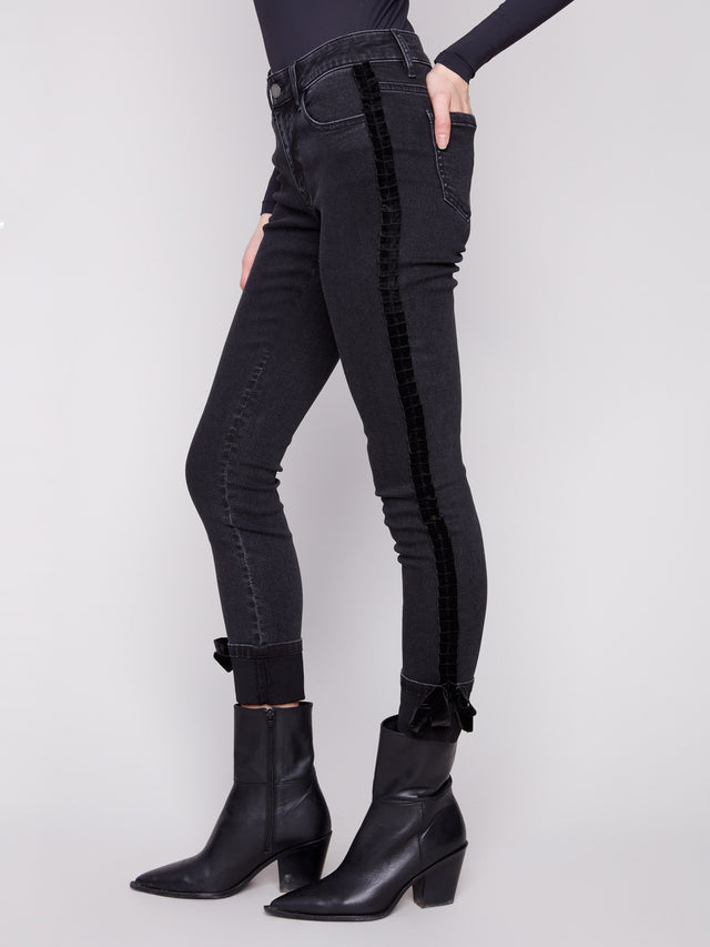 SLIM STRETCH DENIM PANTS W/VELVET BOW TRIM - CHARCOAL