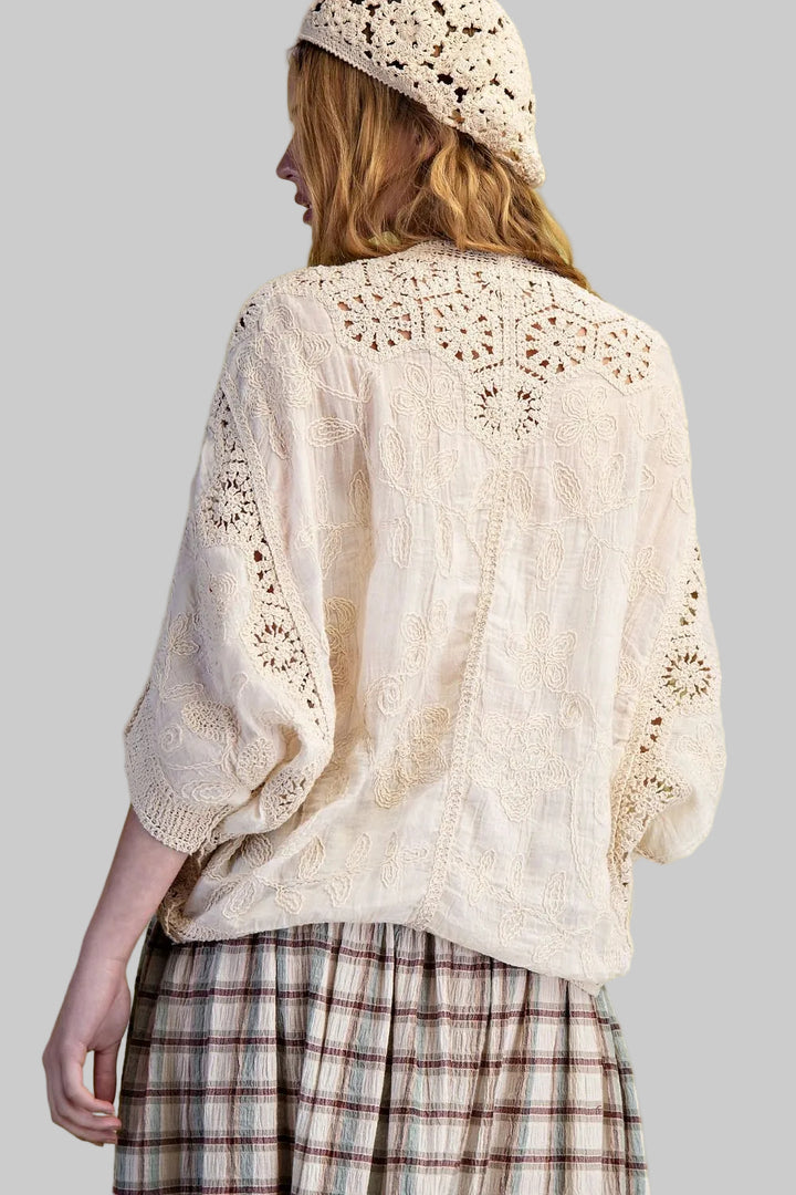 DOLMAN SLEEVE CROCHET MIX BUTTON FRONT DUSTER - NATURAL
